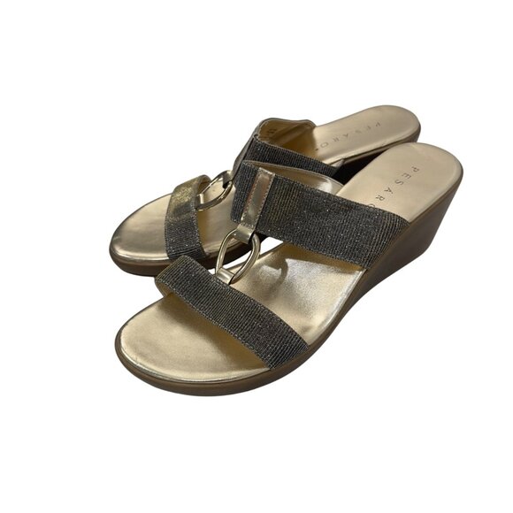 Pesaro Women Gold Wedge Sandals Double Sparkly Strap Design Ring Accent Size 11 - Picture 2 of 15